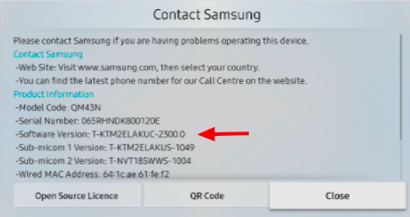 Contact Samsung Menu showing the product information of the displays 