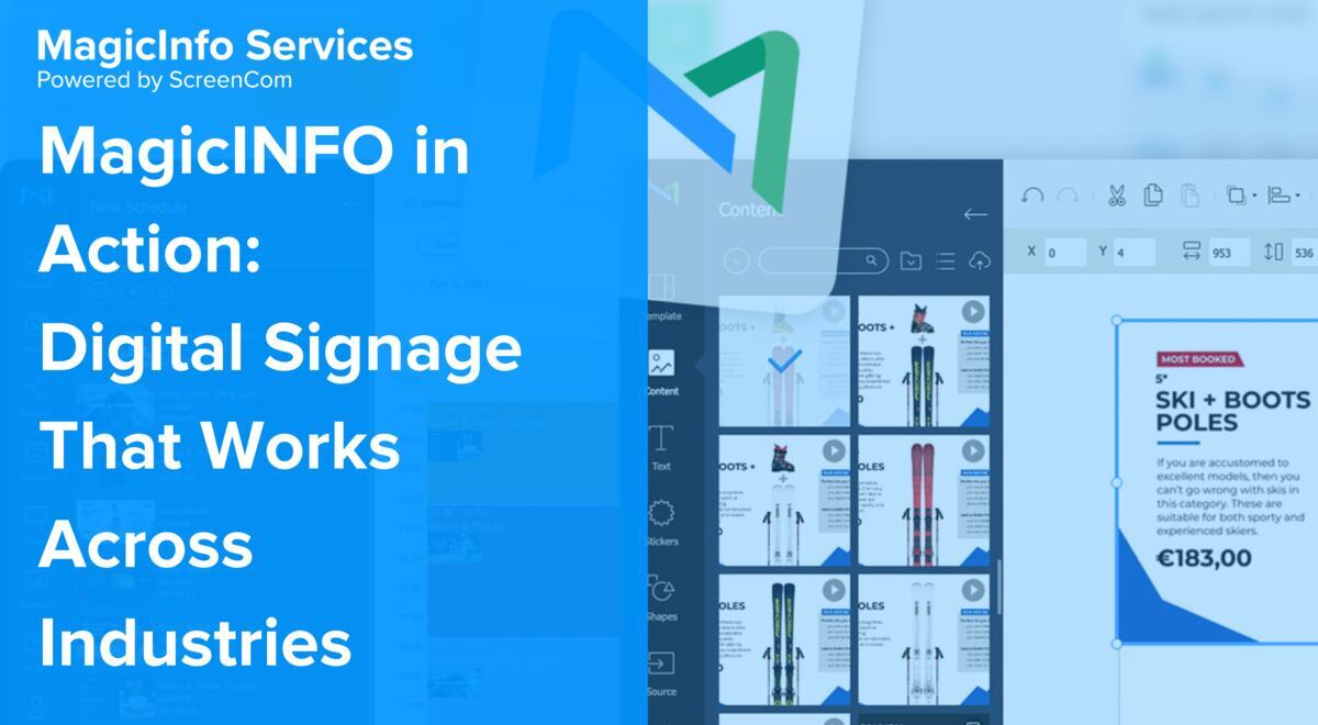 MagicINFO Services' promotional graphic shows a digital signage interface with the headline